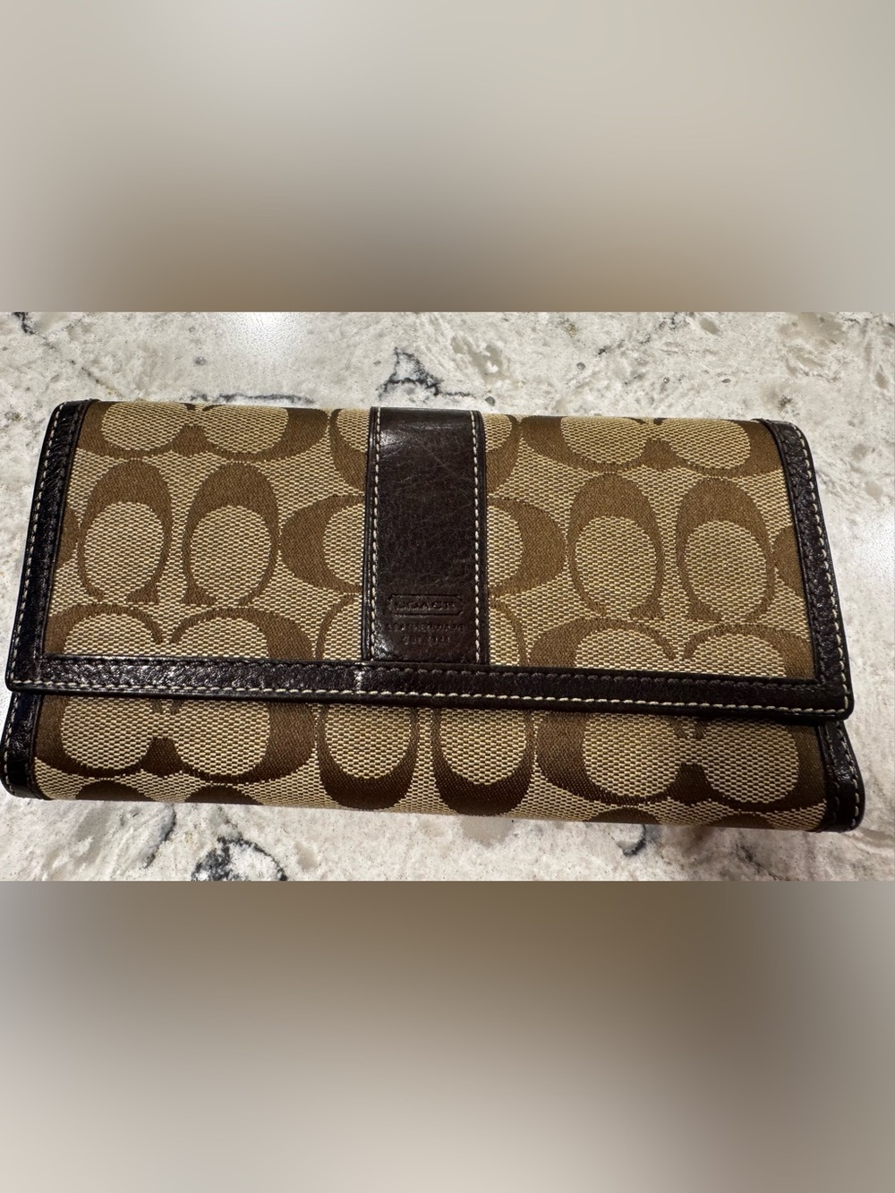 COACH Signature Patent Trim Trifold WOMEN'S Wallet With Checkbook Cover Brown